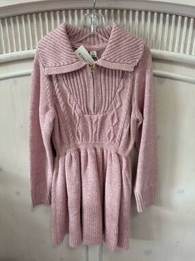 JANIEANDJACK Pink Cable-Knit Half Zip Collared Sweater Dress